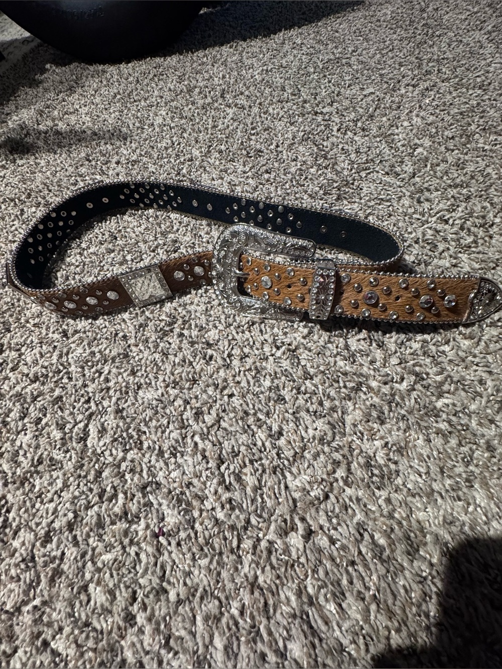 Western-Style Brown Hair-On Leather Belt with Silver Studded Buckle